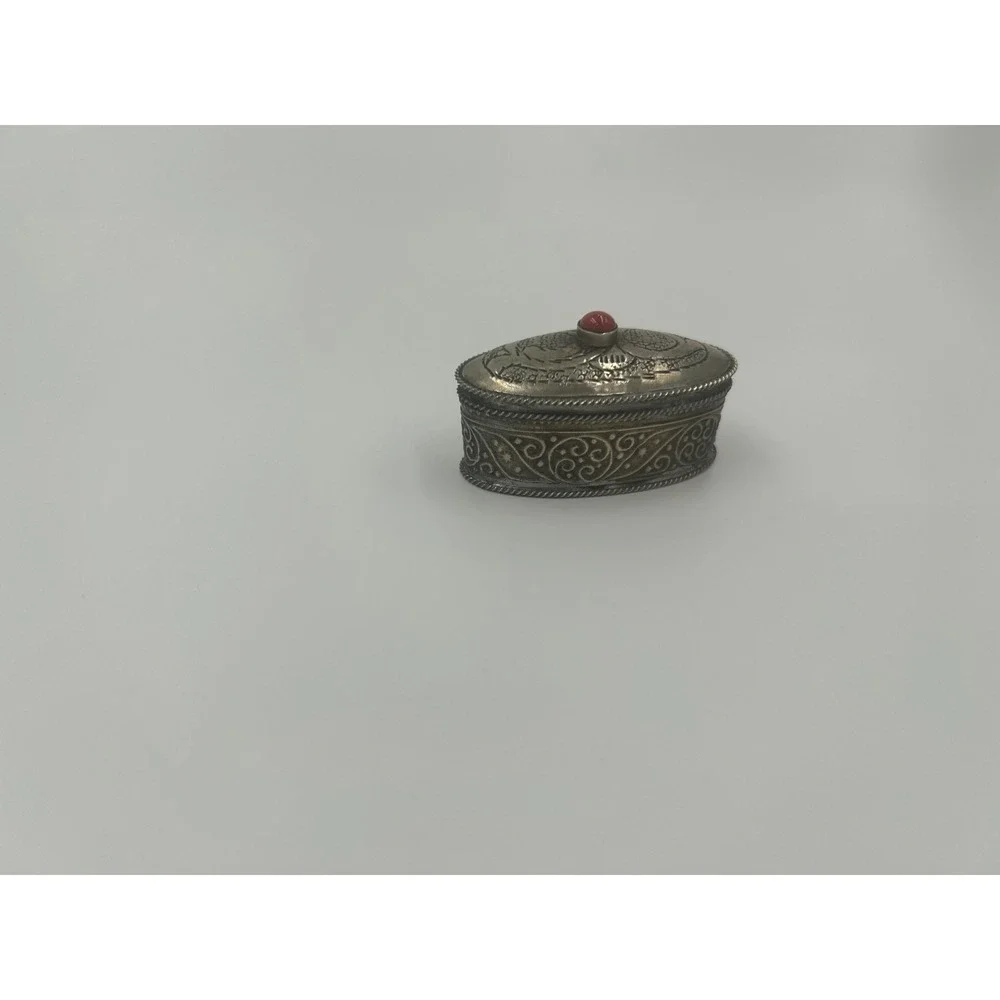Vintage Berber Metal Pill Box Ornate Coral Genstome Snuff Box